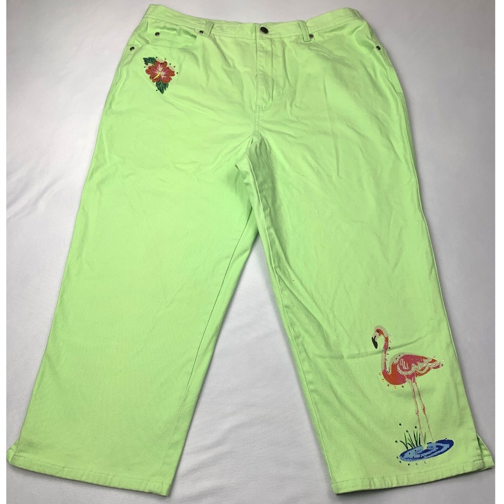 Quacker Factory Lime Green Flamingo Hibiscus Crop Pants Womens Large A81055